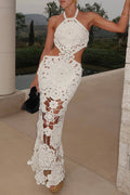 Sexy Solid Color Hollow Out Lace Up Backless Halter One Step Skirt Dresses