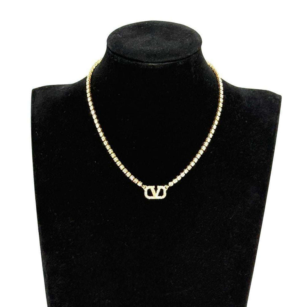 V Signature Pendant Necklace Metal and Rhinestone