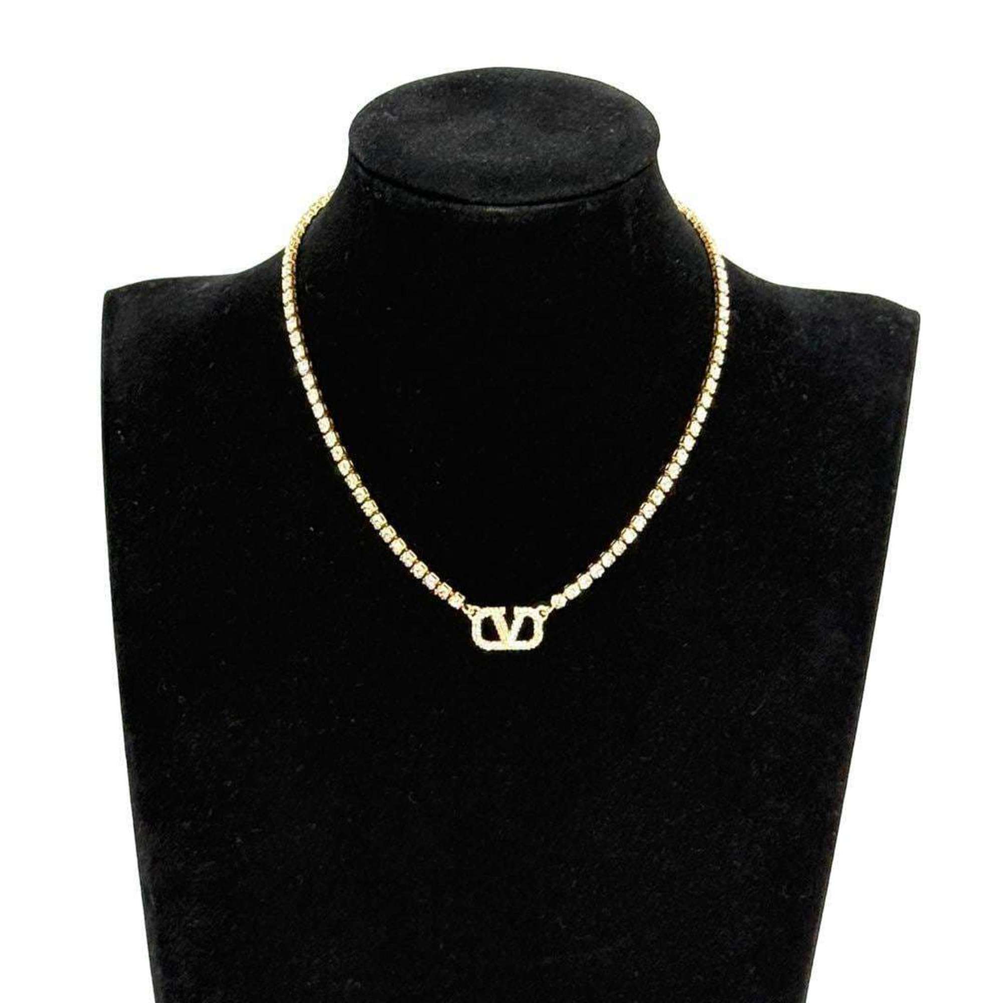 V Signature Pendant Necklace Metal and Rhinestone