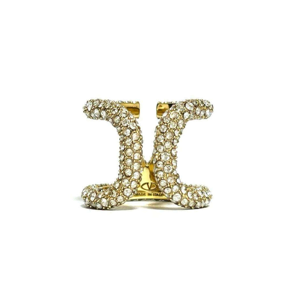 V Signature Ring Metal and Rhinestone Gold