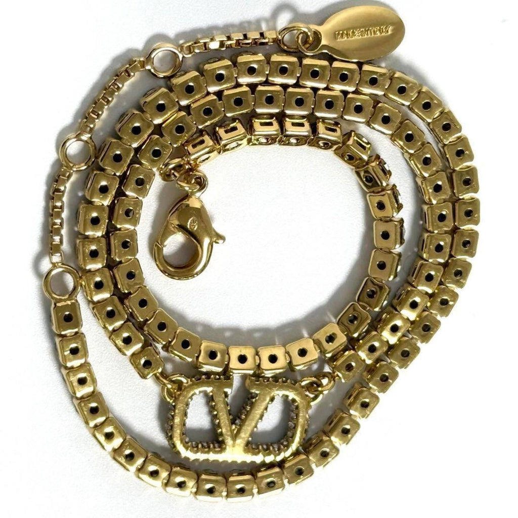 V Signature Pendant Necklace Metal and Rhinestone
