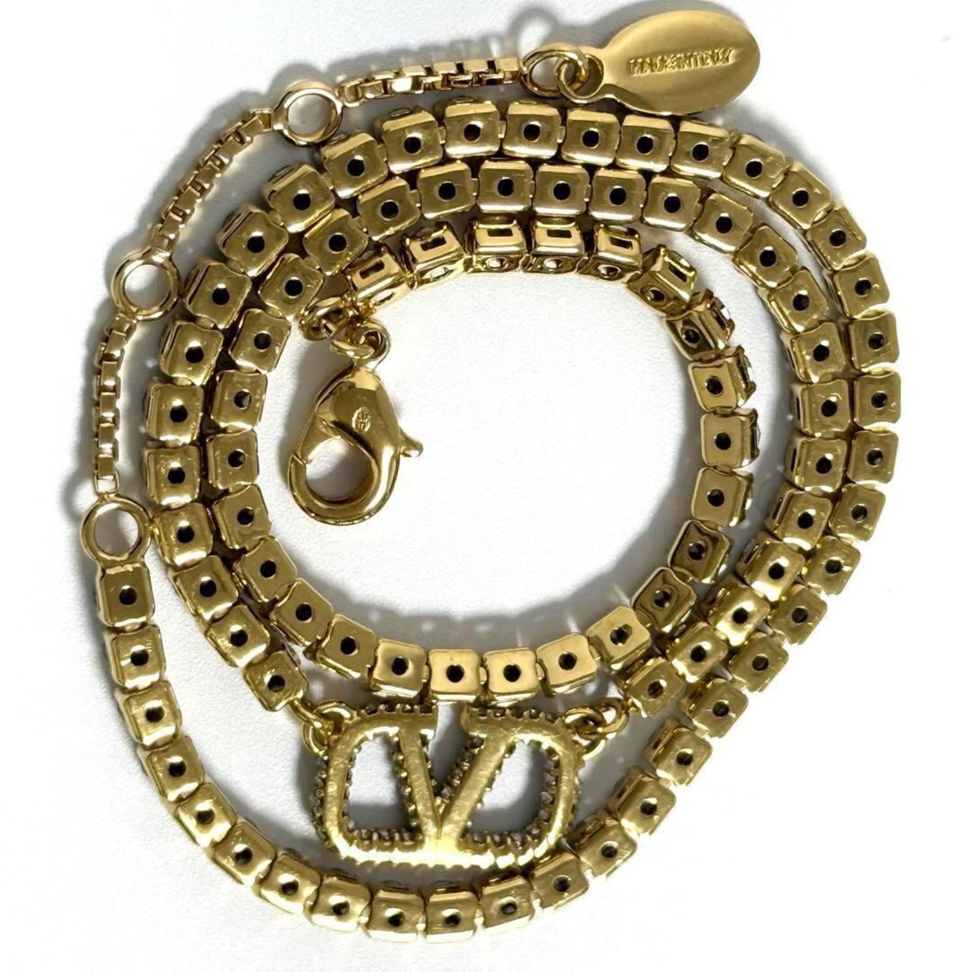 V Signature Pendant Necklace Metal and Rhinestone