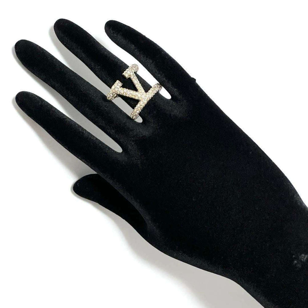V Signature Ring Metal and Rhinestone Gold