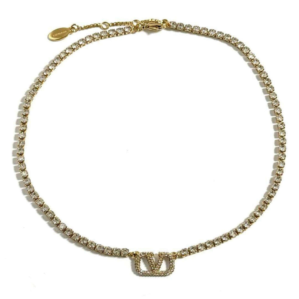 V Signature Pendant Necklace Metal and Rhinestone