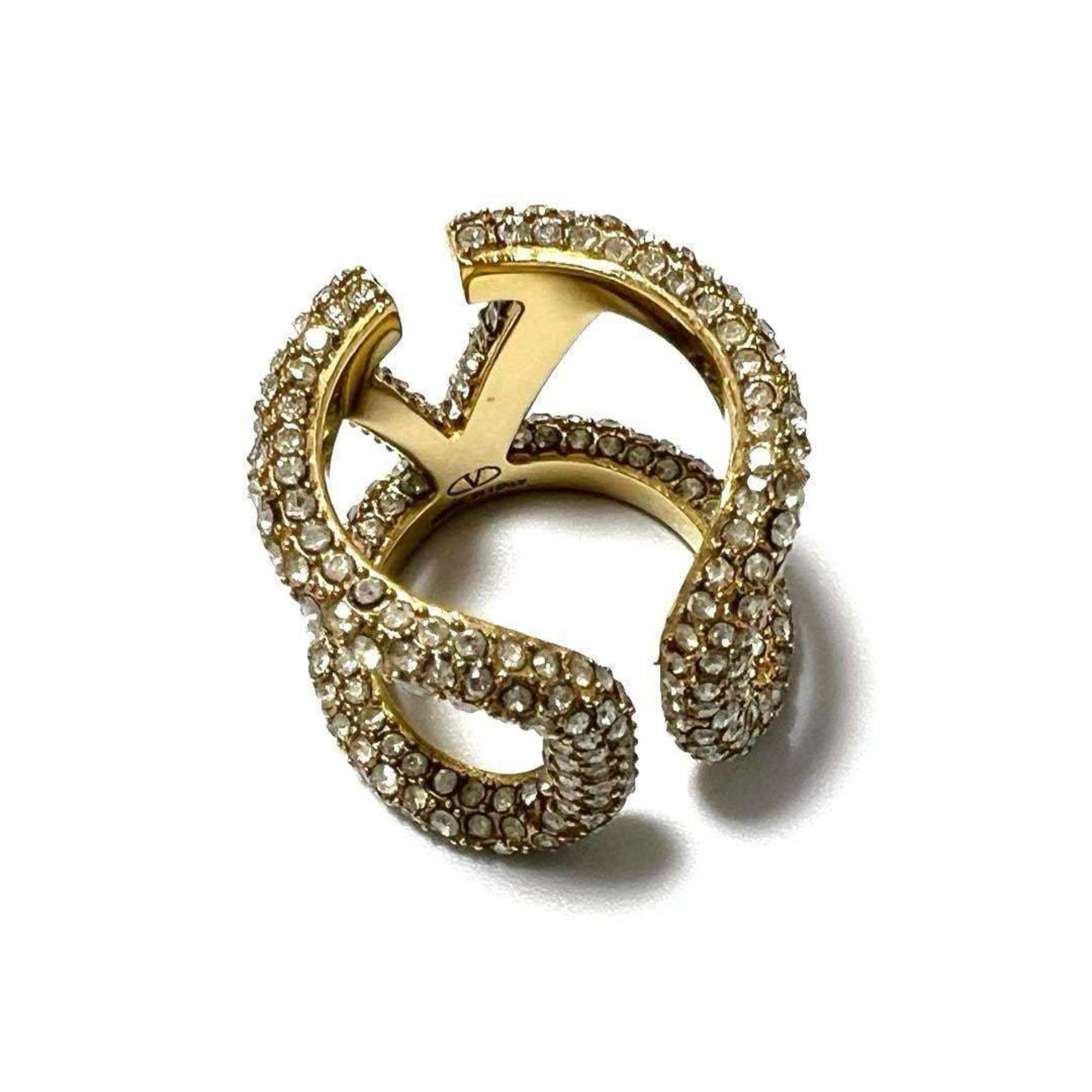 V Signature Ring Metal and Rhinestone Gold