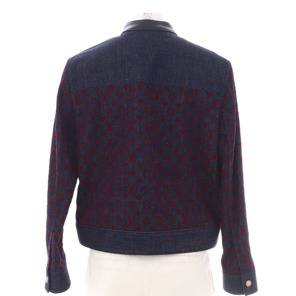 Women's Flocked Button Up Jacket Monogram Denim and Leather