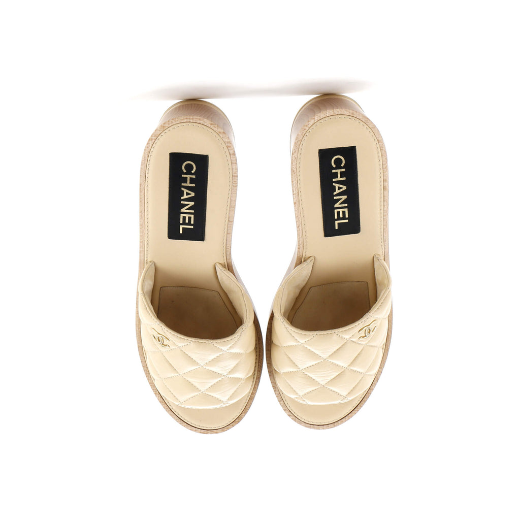 Women's Open Toe Platform Sandals Quilted Leather and Wood