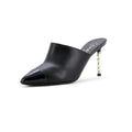 Women's Pointed Toe Heeled Mules Leather with Faux Pearls