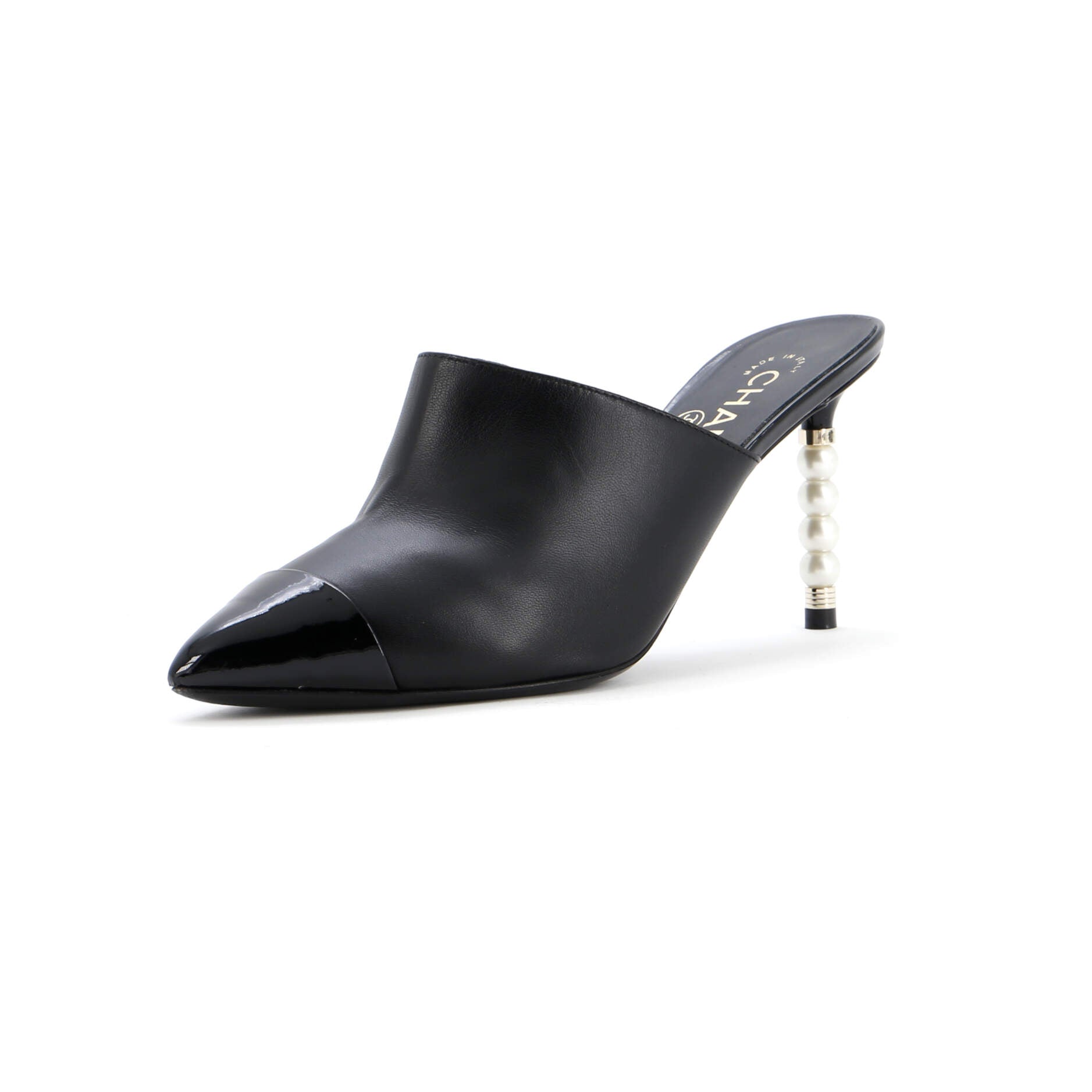 Women's Pointed Toe Heeled Mules Leather with Faux Pearls