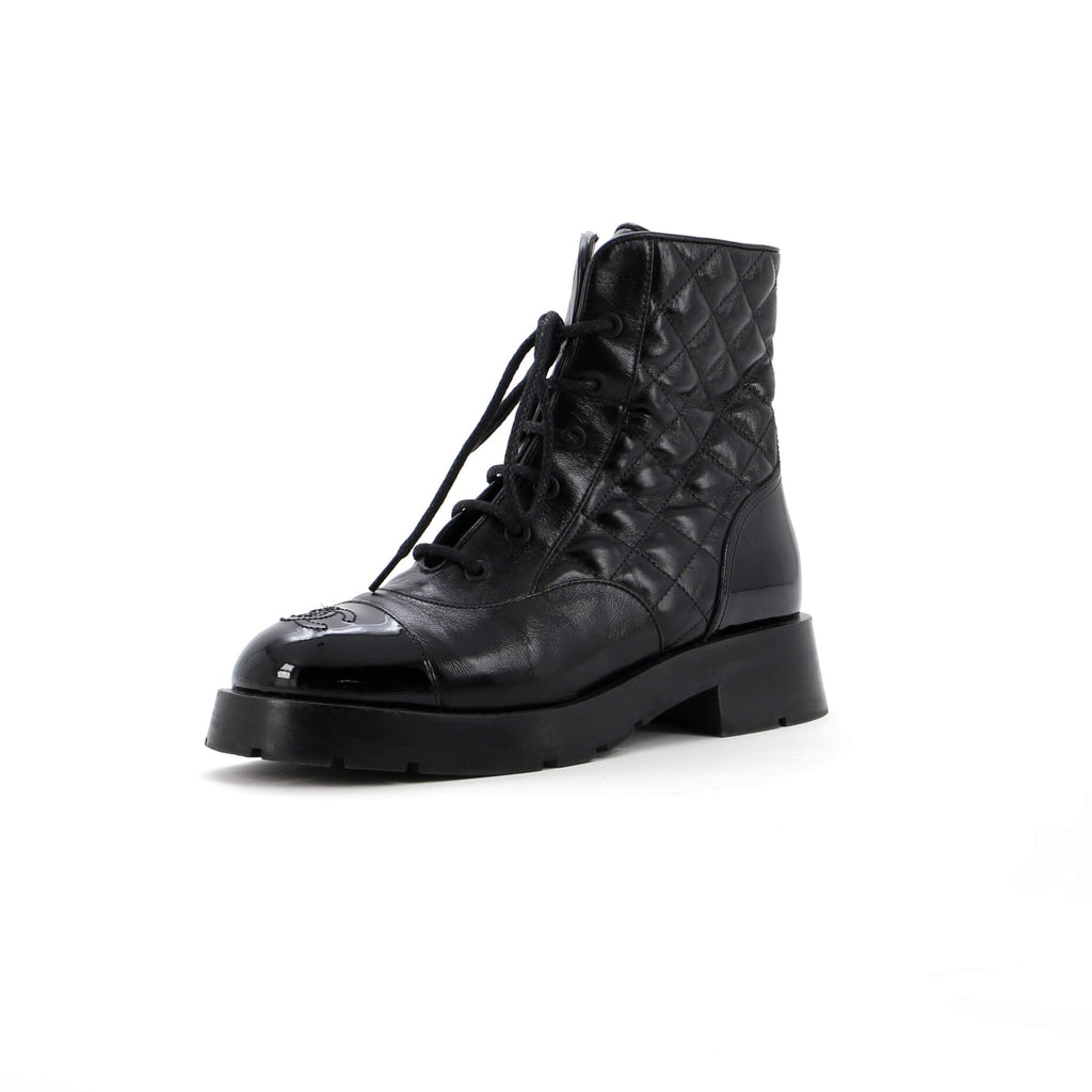 Women's Charm Chain CC Cap Toe Combat Boots Quilted Leather