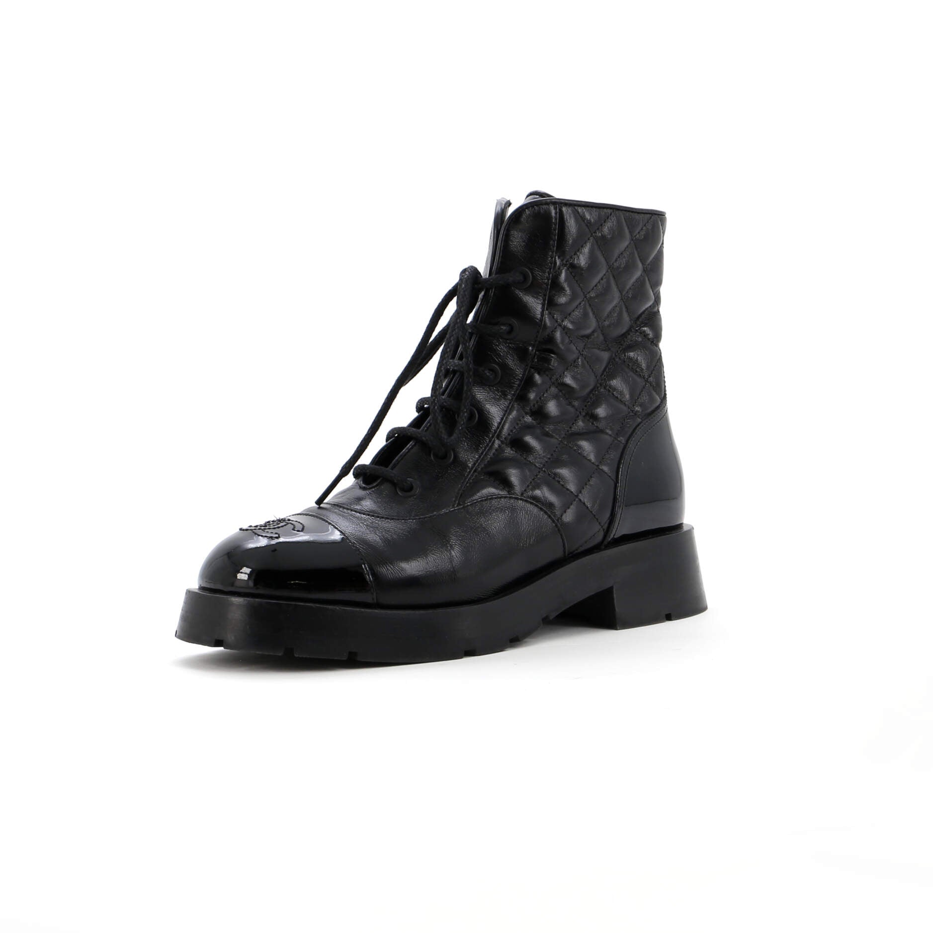 Women's Charm Chain CC Cap Toe Combat Boots Quilted Leather