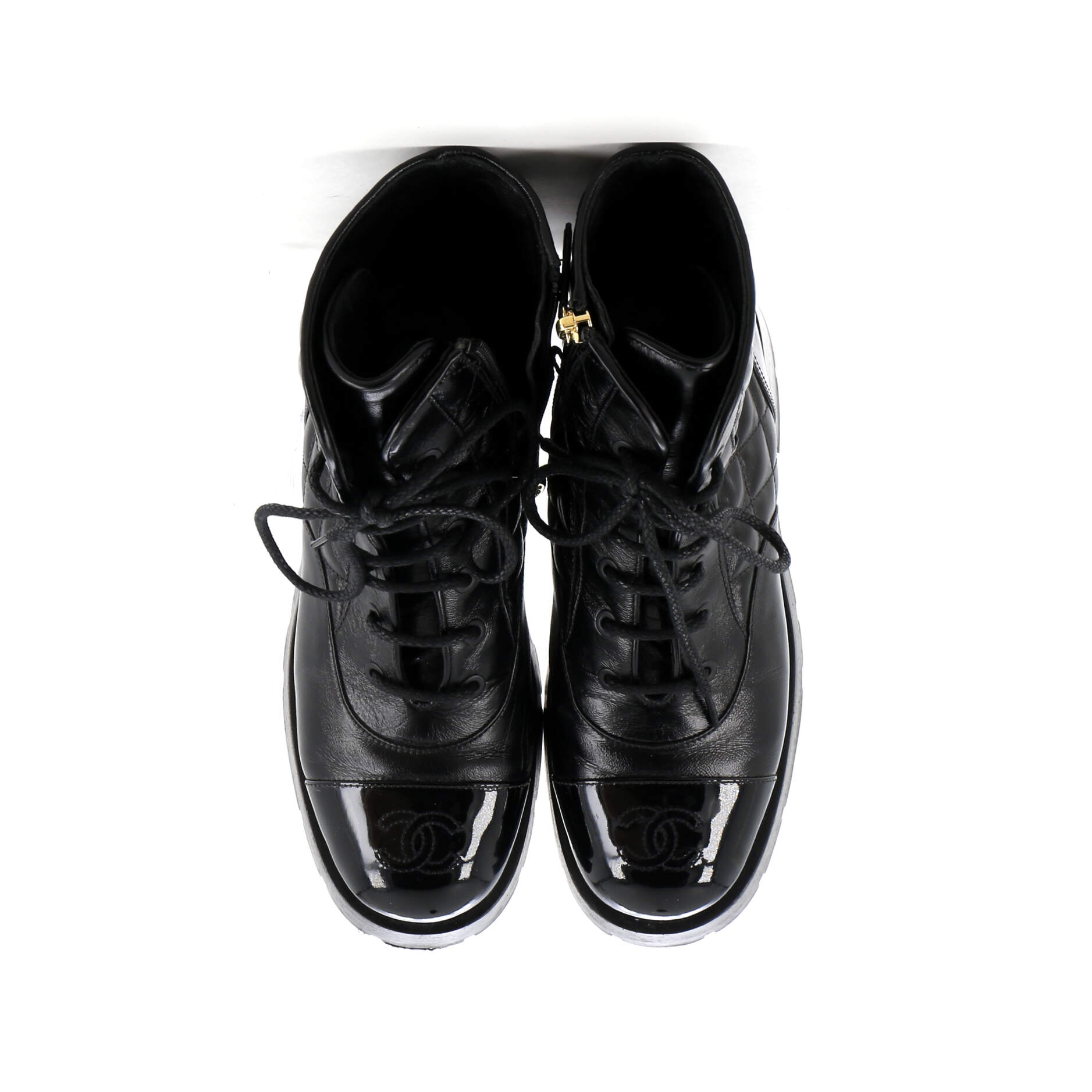 Women's Charm Chain CC Cap Toe Combat Boots Quilted Leather
