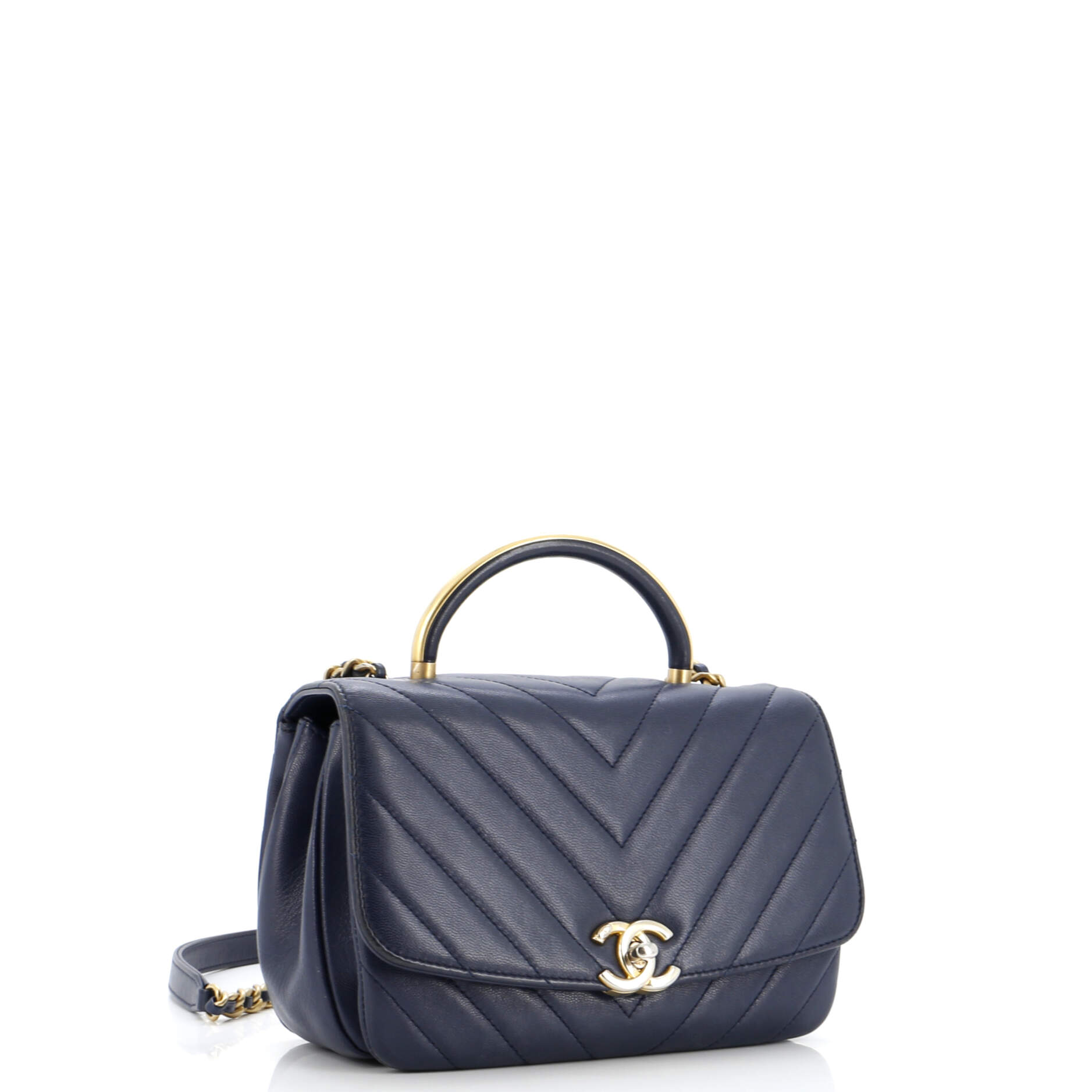 CC Metal Top Handle Flap Bag Chevron Lambskin Small