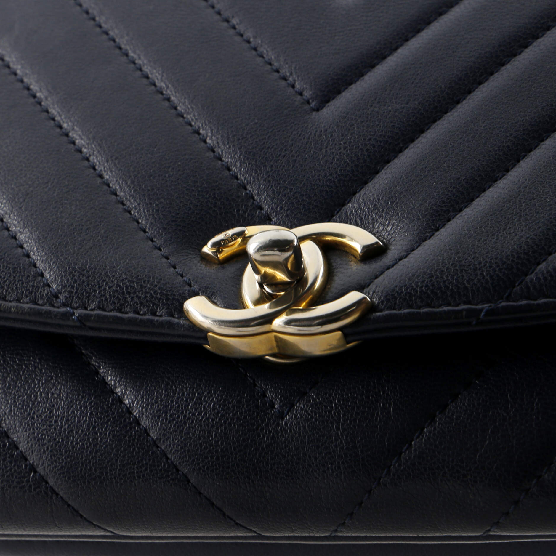 CC Metal Top Handle Flap Bag Chevron Lambskin Small
