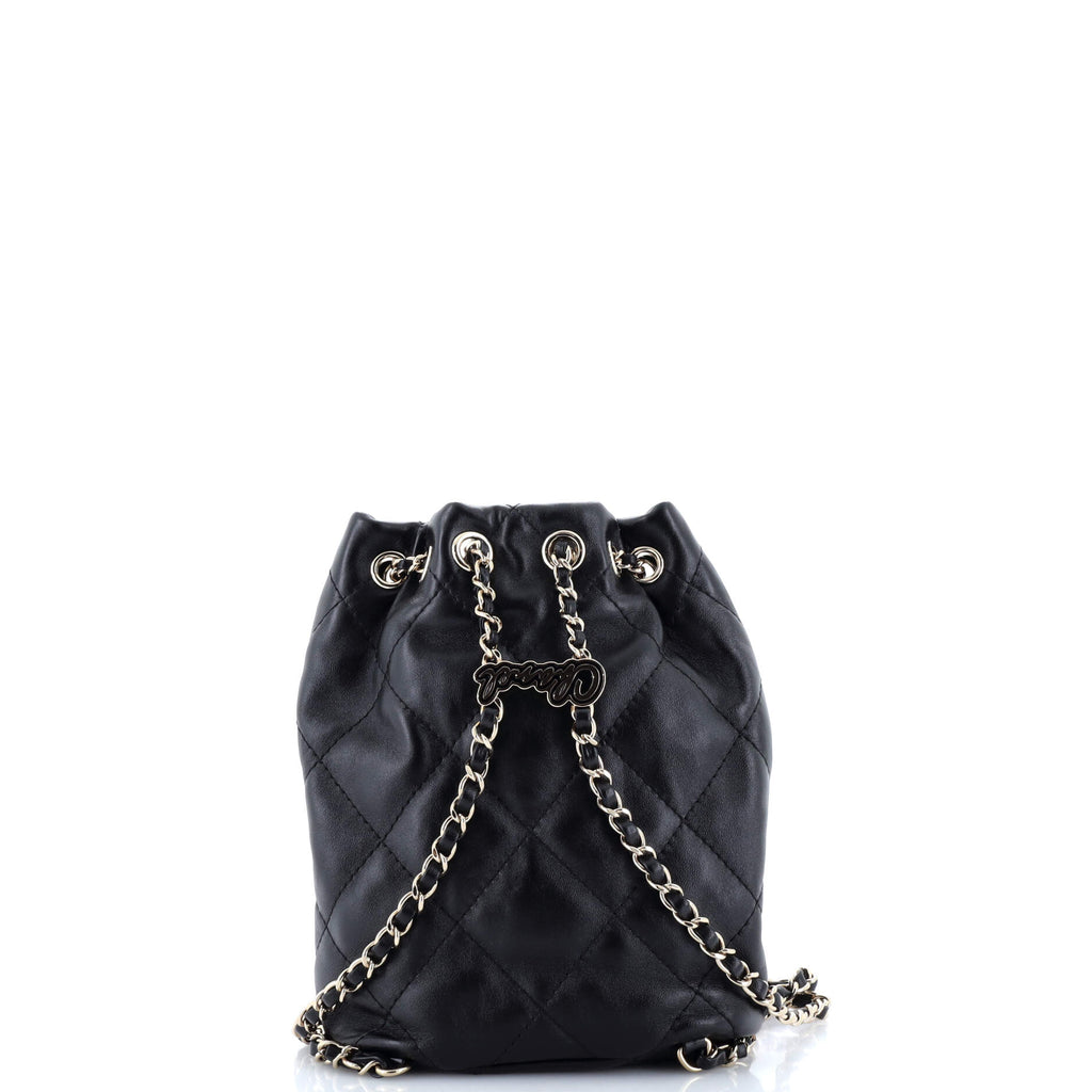 Logo Script Drawstring Chain Backpack Quilted Shiny Lambskin Small