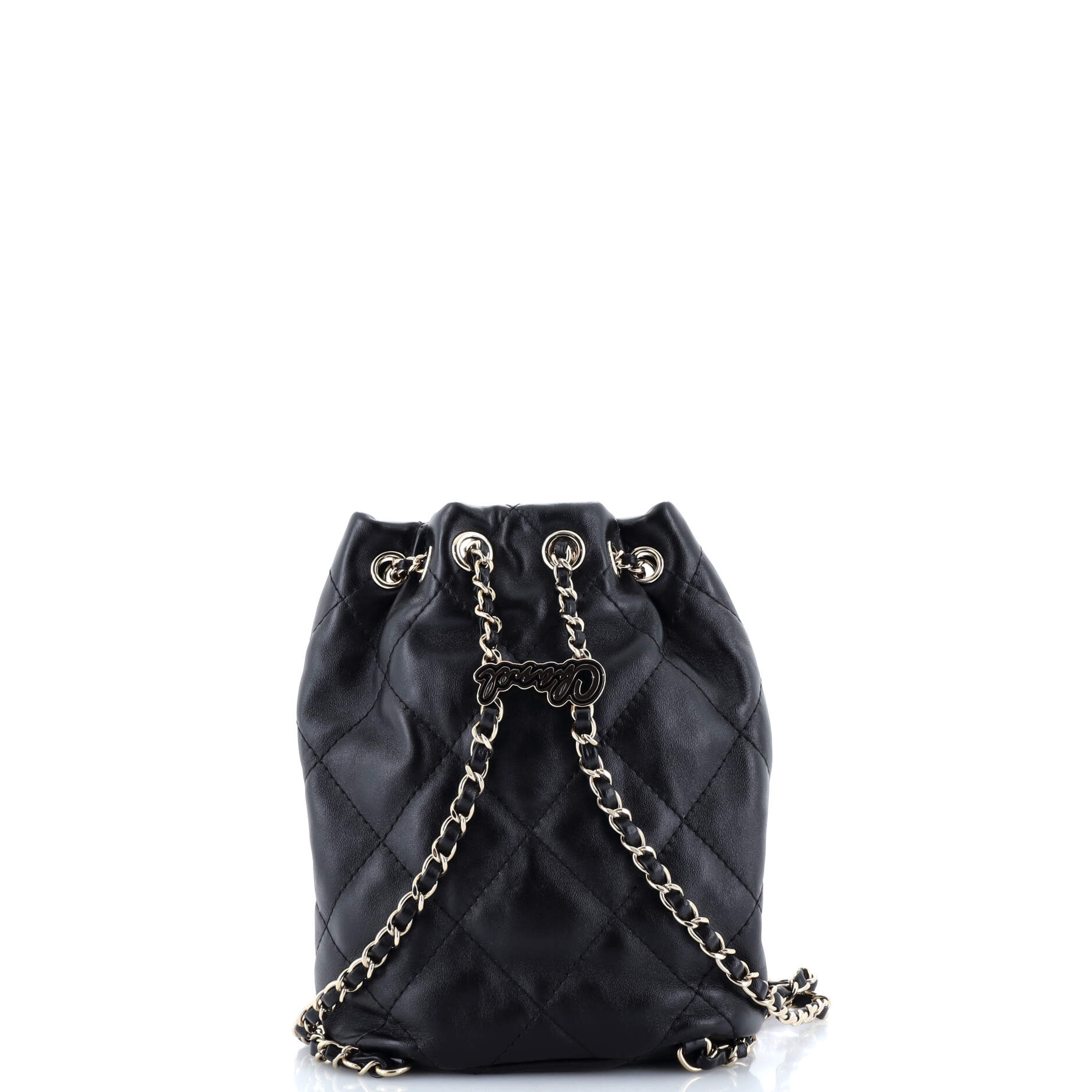 Logo Script Drawstring Chain Backpack Quilted Shiny Lambskin Small