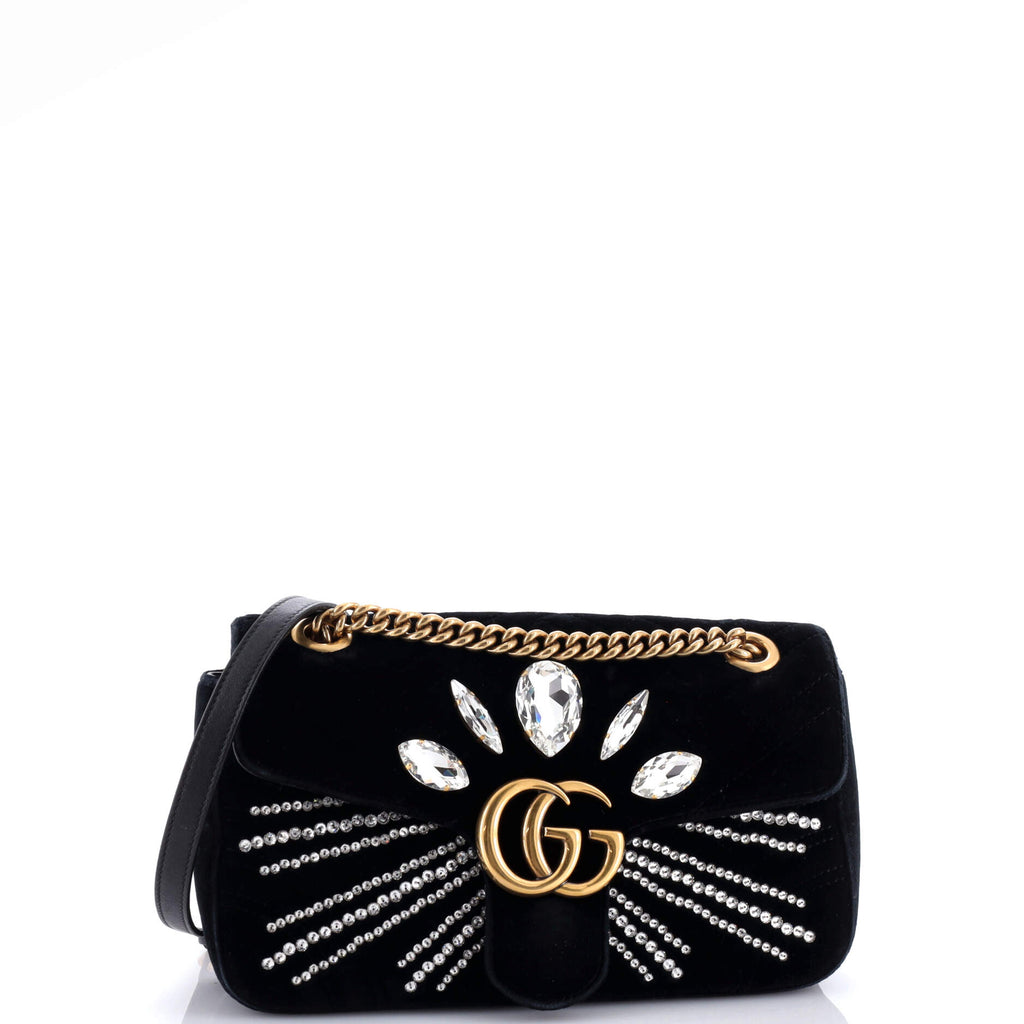GG Marmont Flap Bag Crystal Embellished Matelasse Velvet Medium