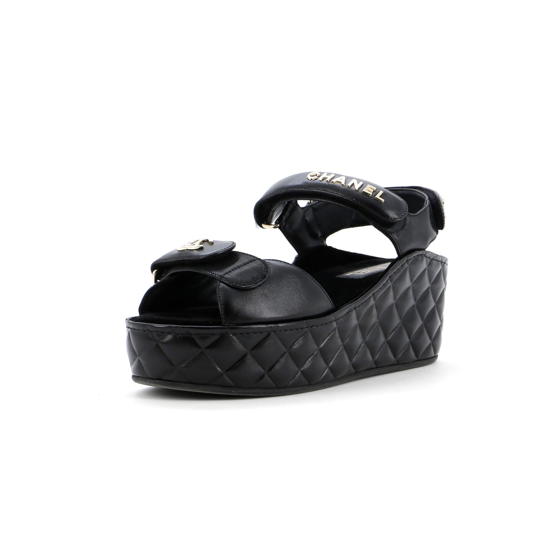 Women's Logo Velcro Strap Wedge Sandals Quilted Leather
