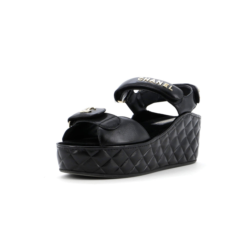 Women's Logo Velcro Strap Wedge Sandals Quilted Leather