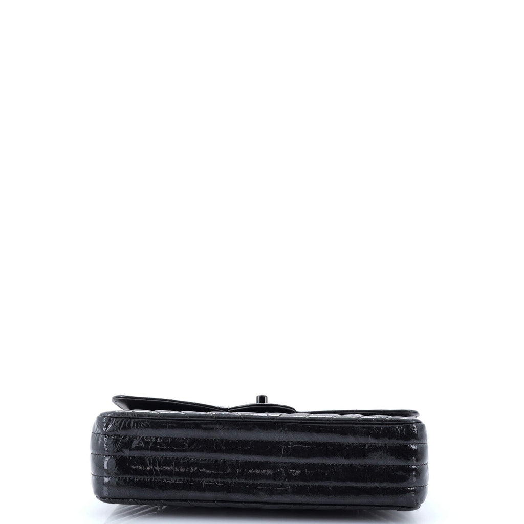 So Black Classic Double Flap Bag Chevron Crinkled Patent Medium