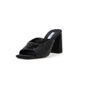 Women's Triangle Logo Heeled Mule Sandals Crystal Embellished Satin