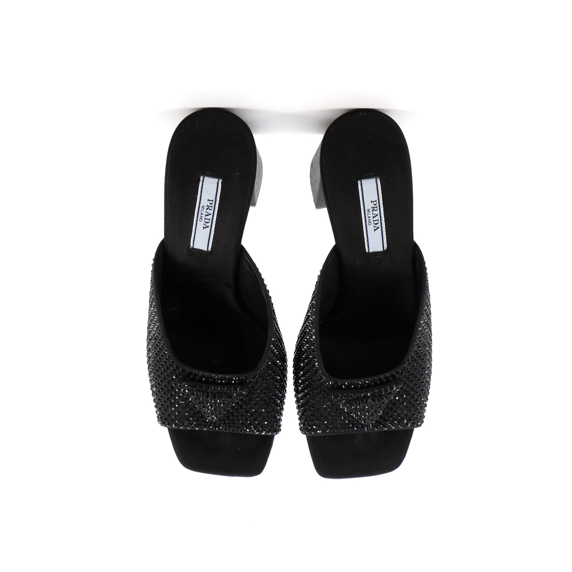Women's Triangle Logo Heeled Mule Sandals Crystal Embellished Satin
