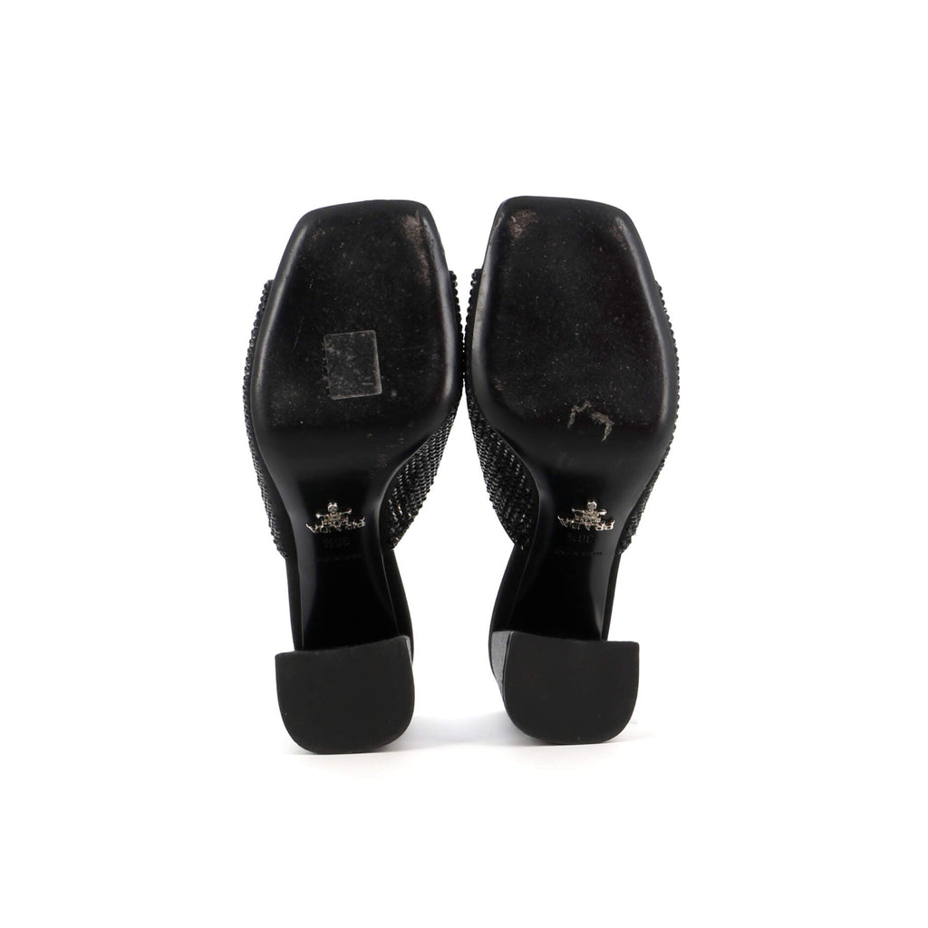 Women's Triangle Logo Heeled Mule Sandals Crystal Embellished Satin