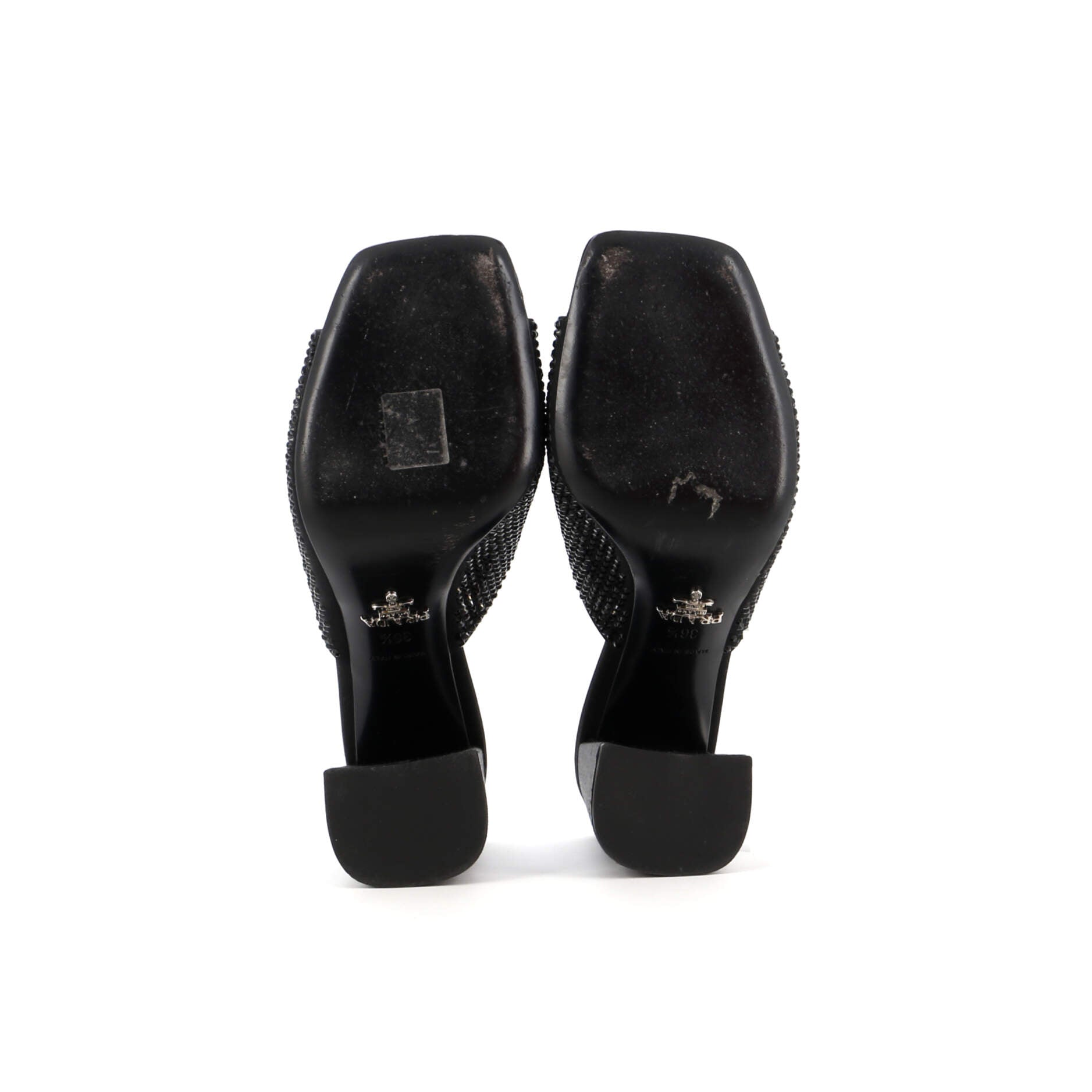 Women's Triangle Logo Heeled Mule Sandals Crystal Embellished Satin