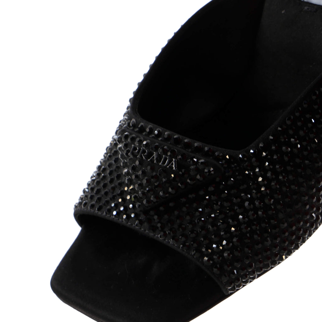 Women's Triangle Logo Heeled Mule Sandals Crystal Embellished Satin