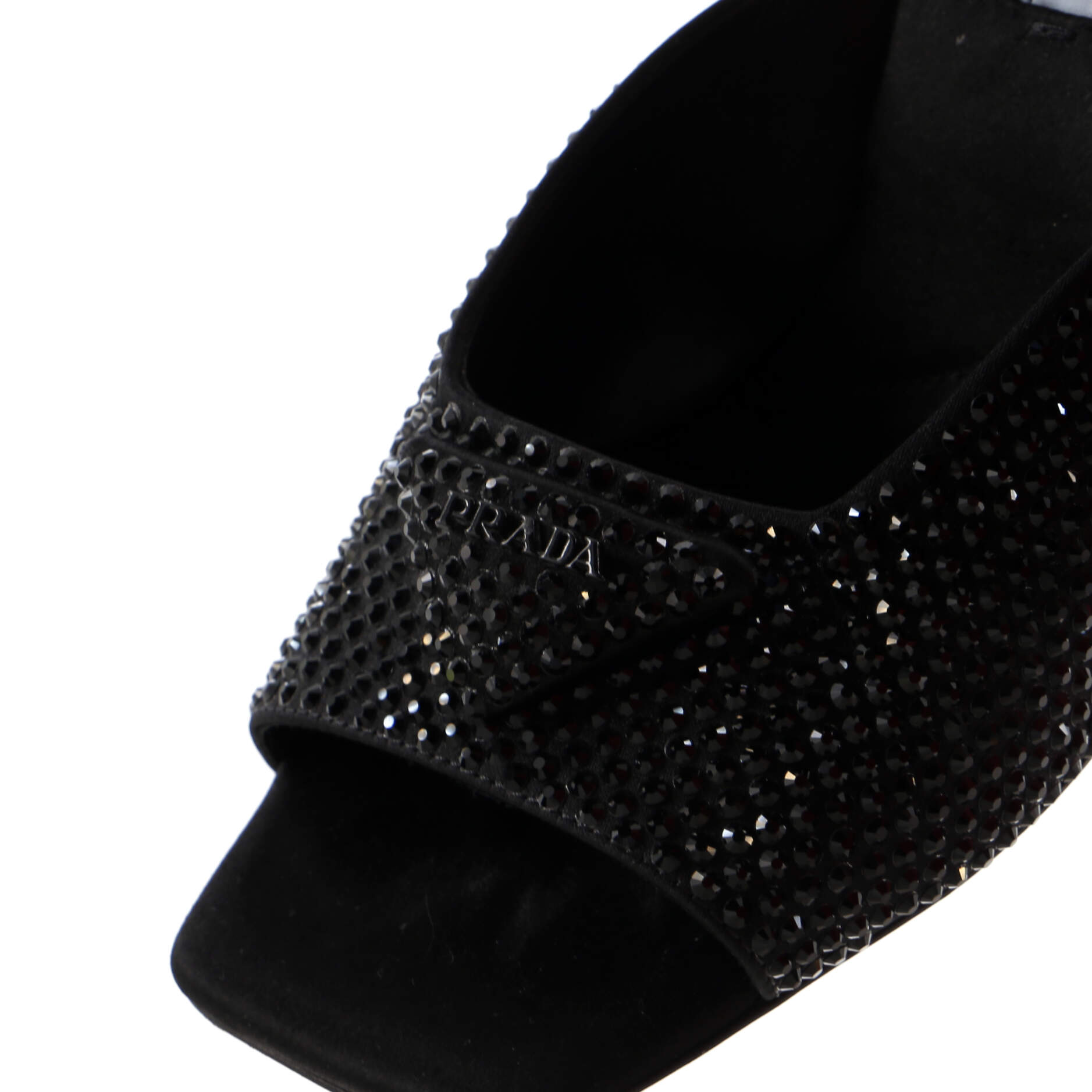 Women's Triangle Logo Heeled Mule Sandals Crystal Embellished Satin