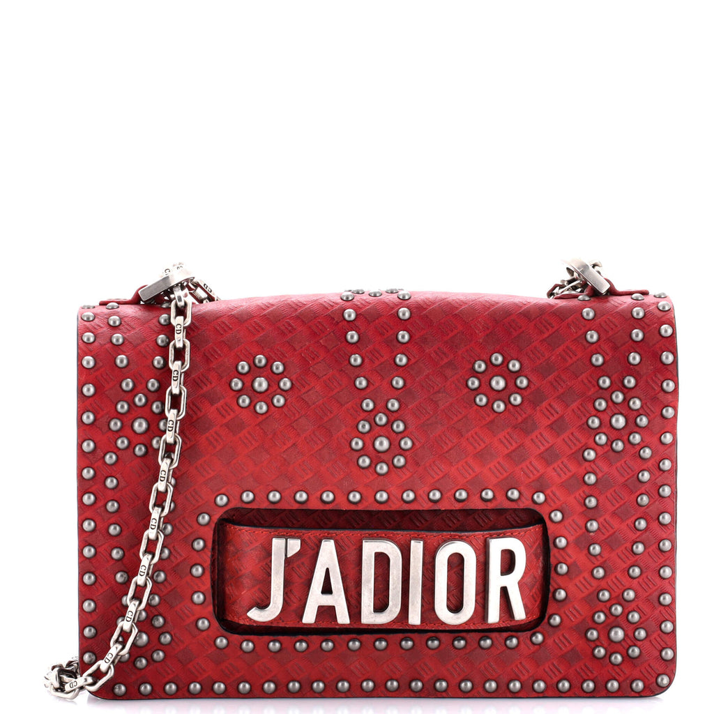 J'Adior Flap Bag Studded Embossed Leather Medium
