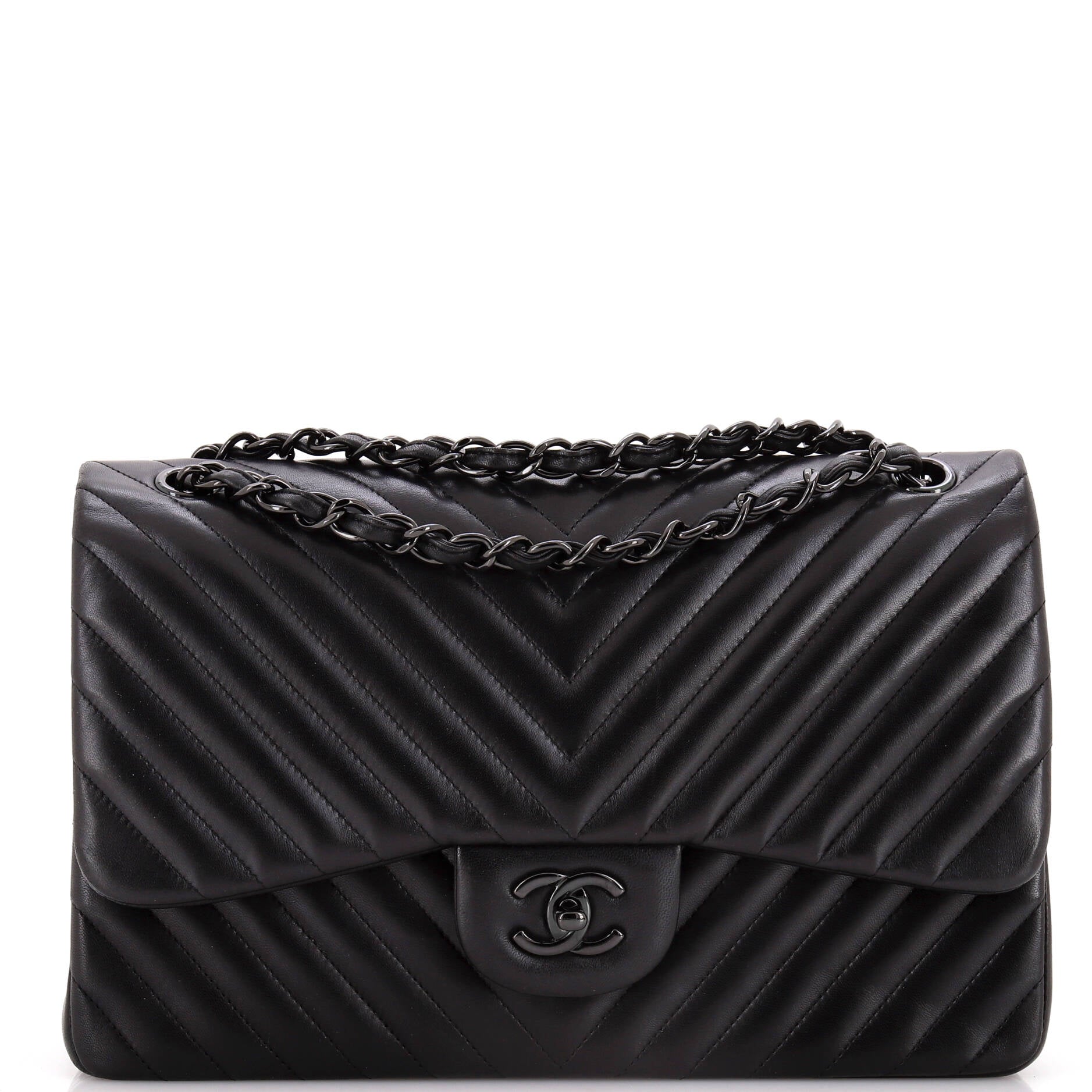So Black Classic Double Flap Bag Chevron Lambskin Jumbo
