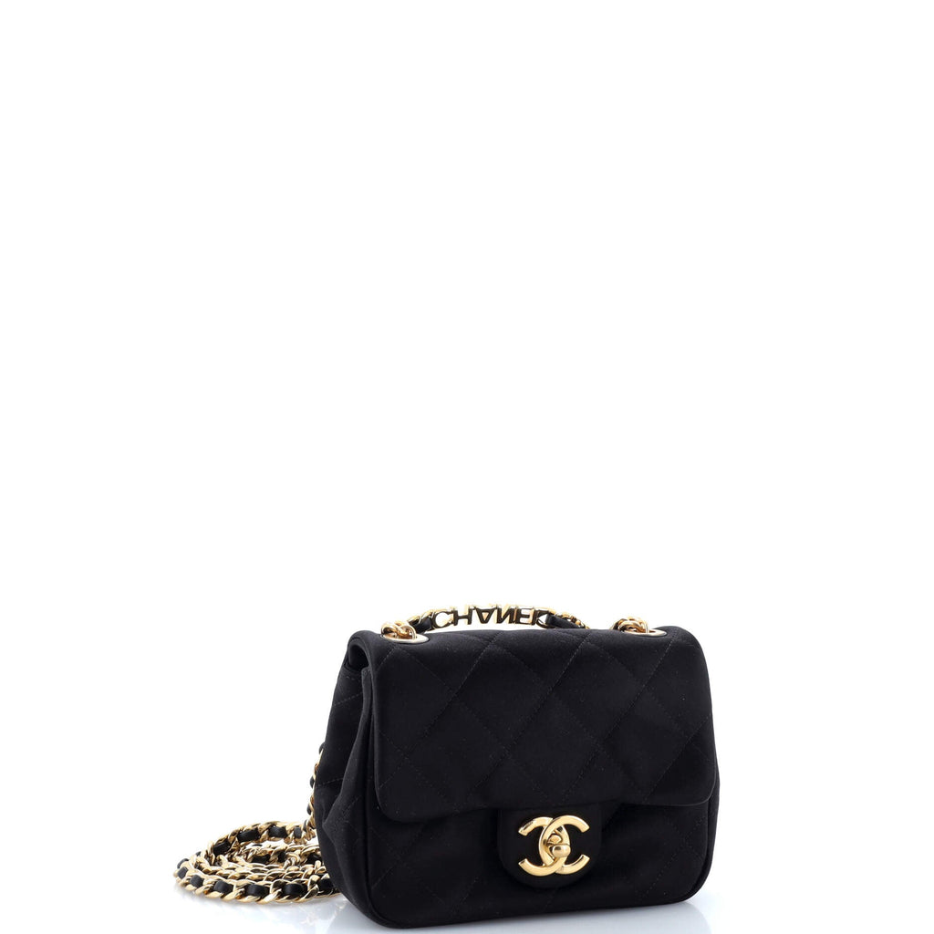 Oval Logo Chain Handle Flap Bag Quilted Satin with Crystals Mini
