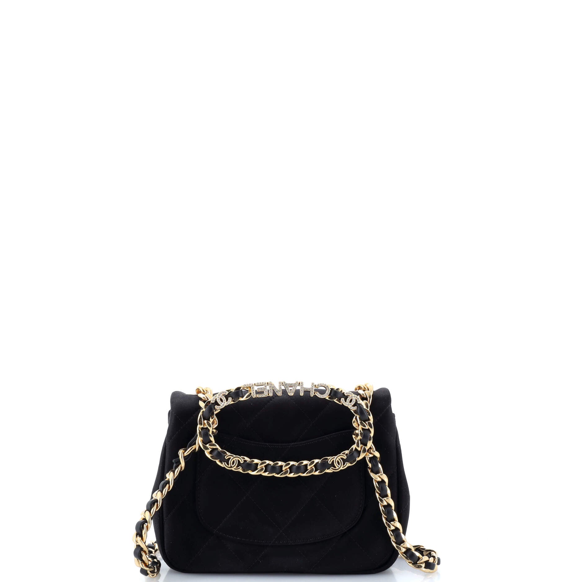 Oval Logo Chain Handle Flap Bag Quilted Satin with Crystals Mini