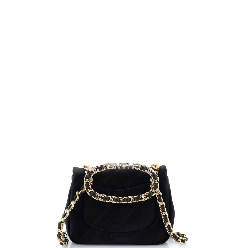 Oval Logo Chain Handle Flap Bag Quilted Satin with Crystals Mini