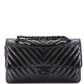So Black Classic Double Flap Bag Chevron Crinkled Patent Medium