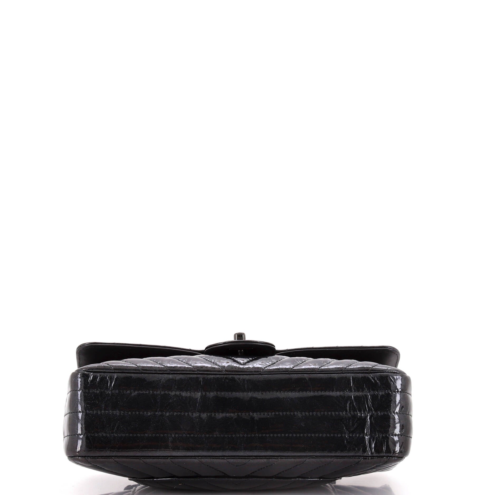 So Black Classic Double Flap Bag Chevron Crinkled Patent Medium