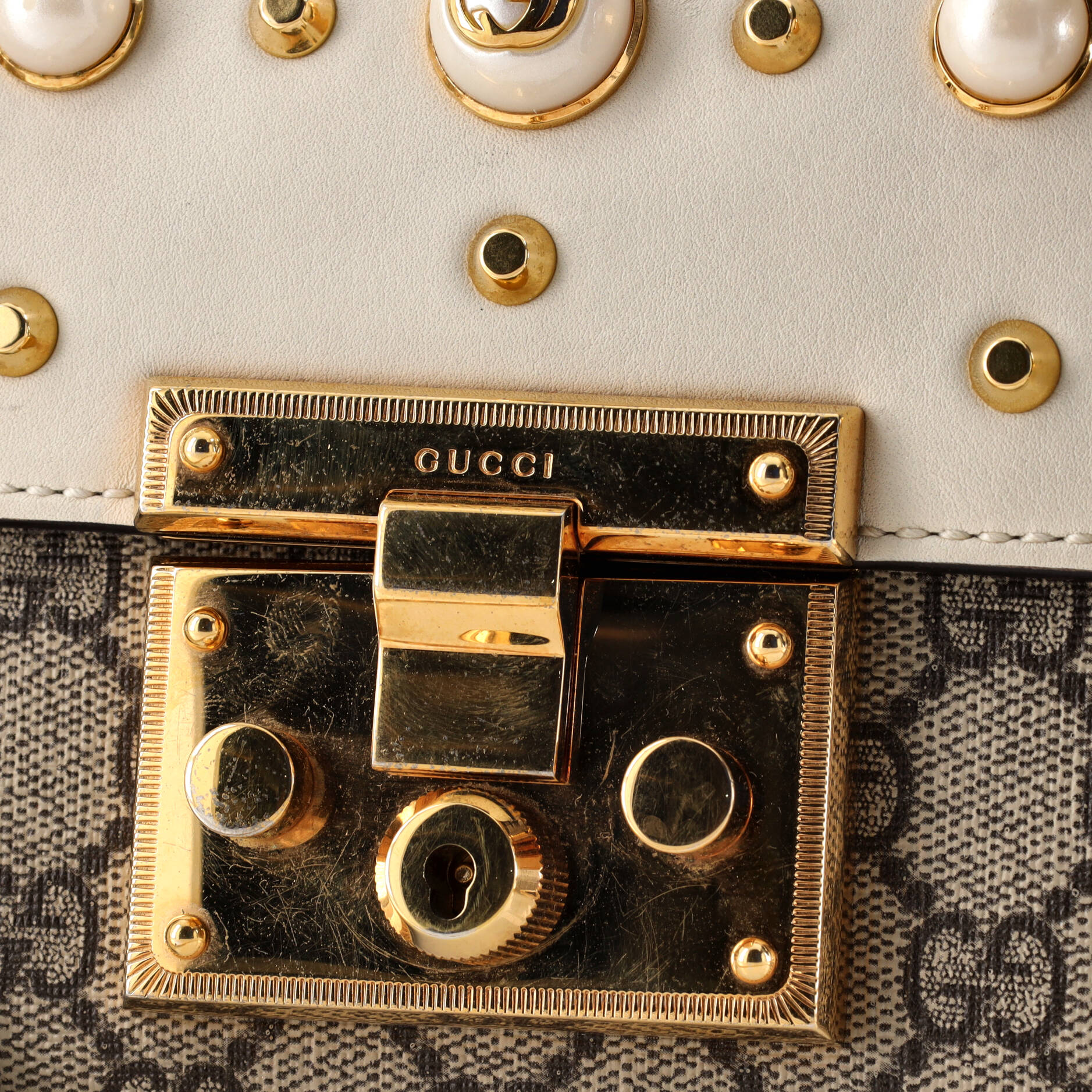 Pearly Padlock Shoulder Bag GG Coated Canvas with Studded Leather Small