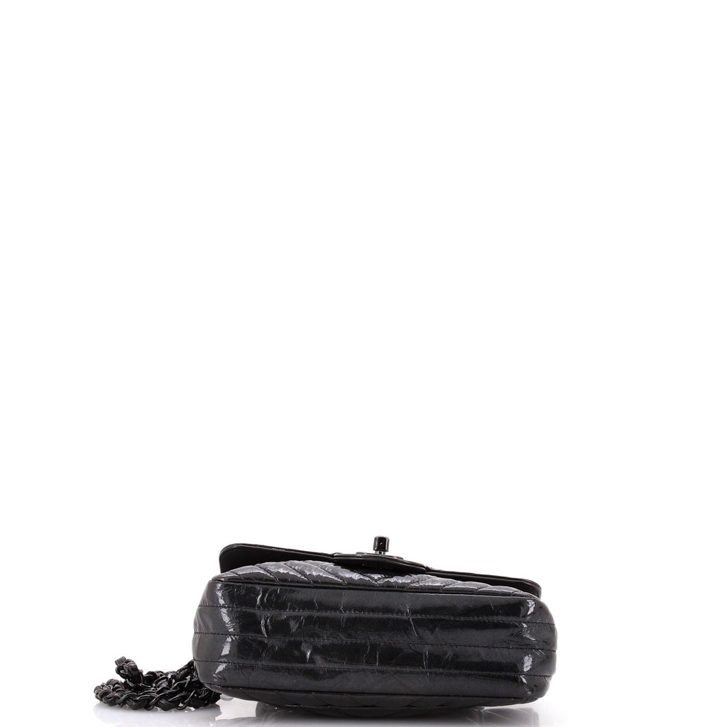 So Black Classic Single Flap Bag Chevron Crumpled Patent Mini