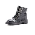 Women's Chain CC Cap Toe Lace Up Combat Boots Quilted Shiny Calfskin