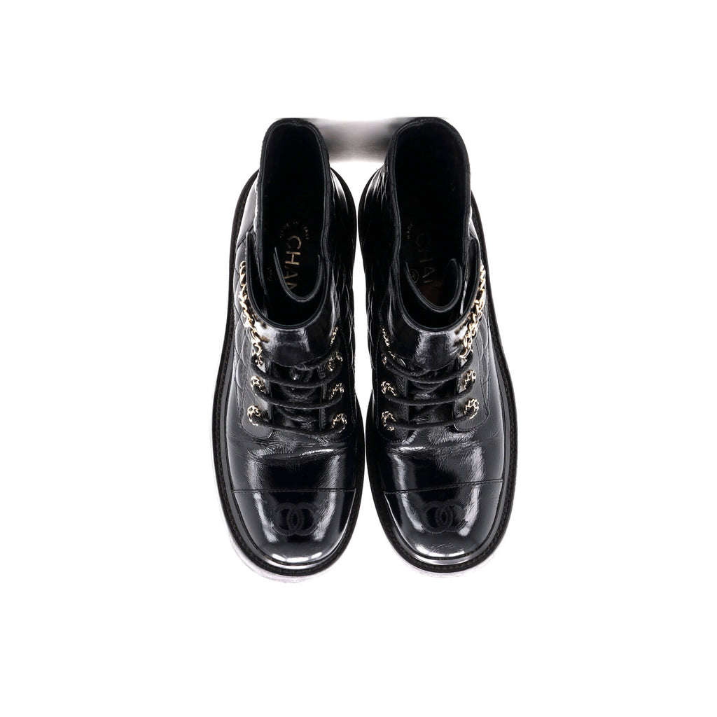 Women's Chain CC Cap Toe Lace Up Combat Boots Quilted Shiny Calfskin