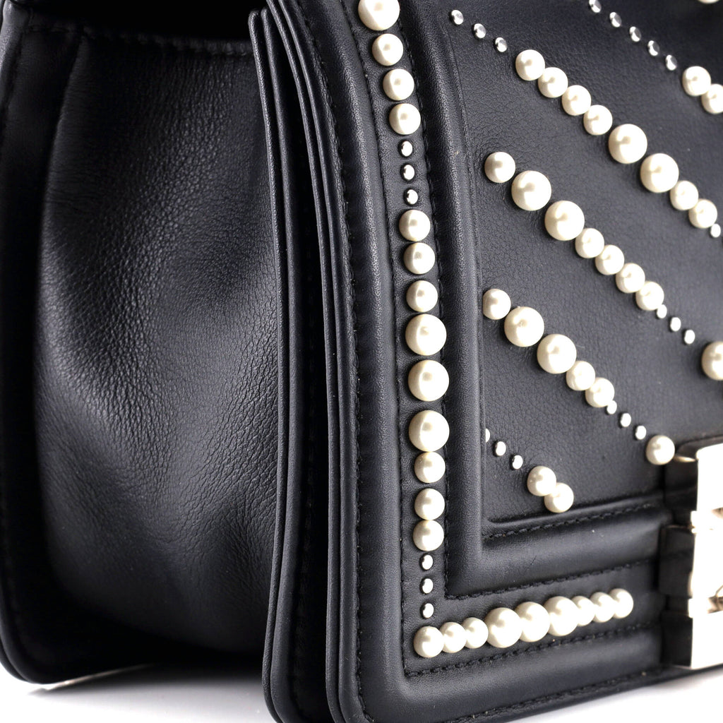 Boy Flap Bag Pearl Embellished Chevron Calfskin Small