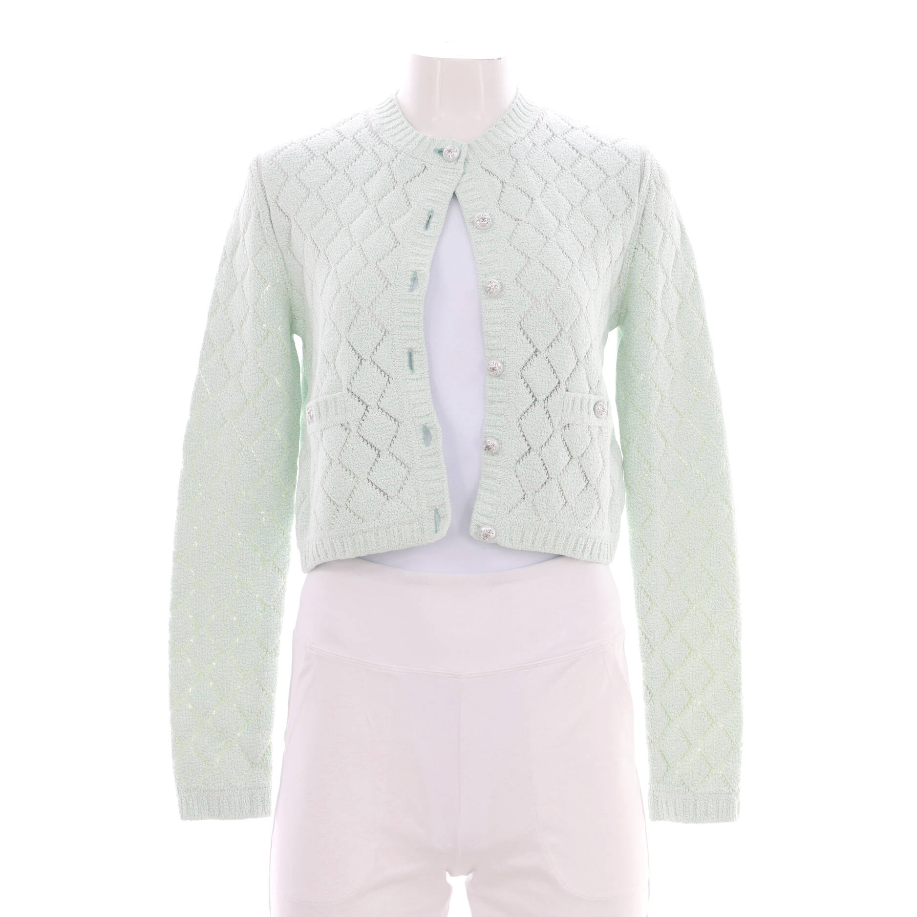 Women's CC Crystal Buttons Two Pocket Crewneck Cardigan Cotton Blend
