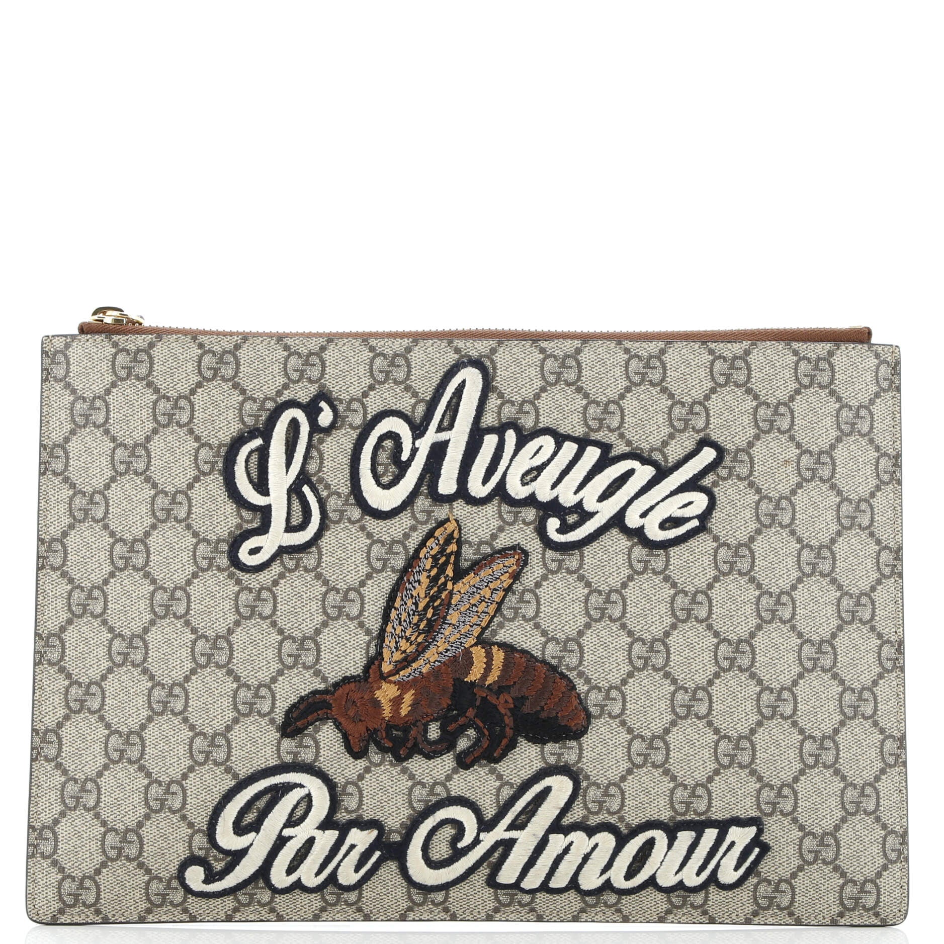 Zipped Pouch Leather with Applique Large