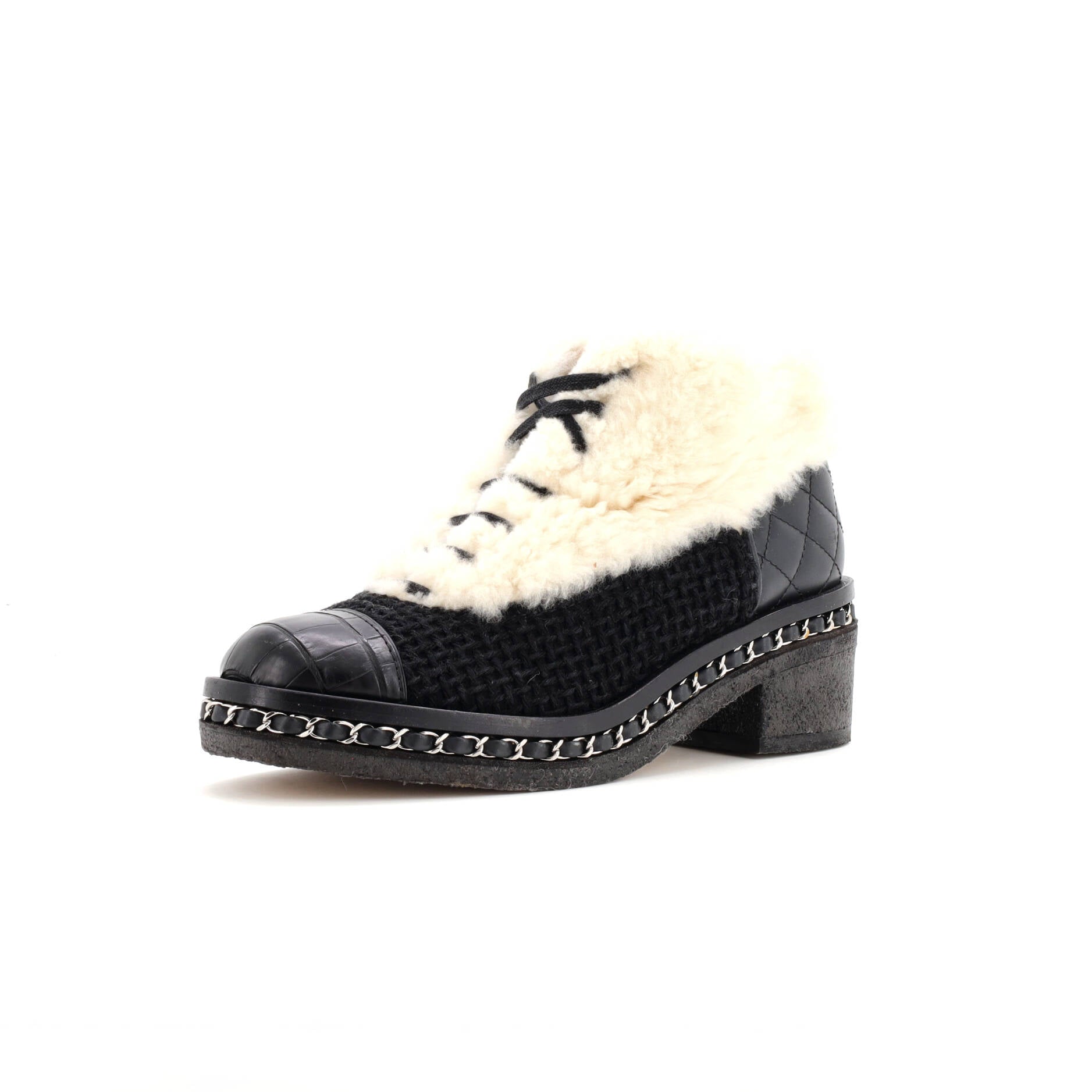 Women's Chain Sole Cap Toe Lace Up Ankle Boots Tweed and Fur with Leather