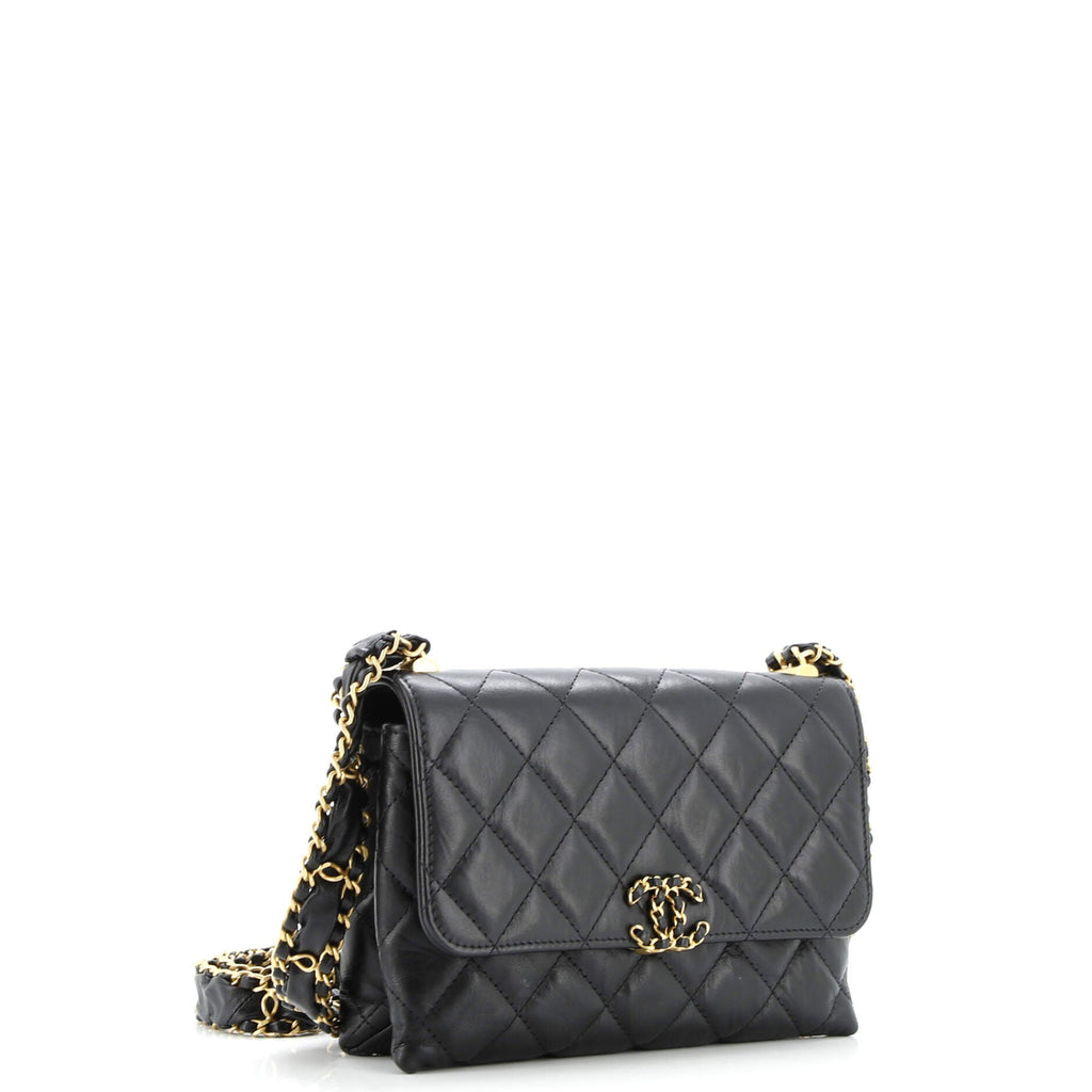 CC Wide Chain Compartment Flap Phone Holder Quilted Aged Calfskin