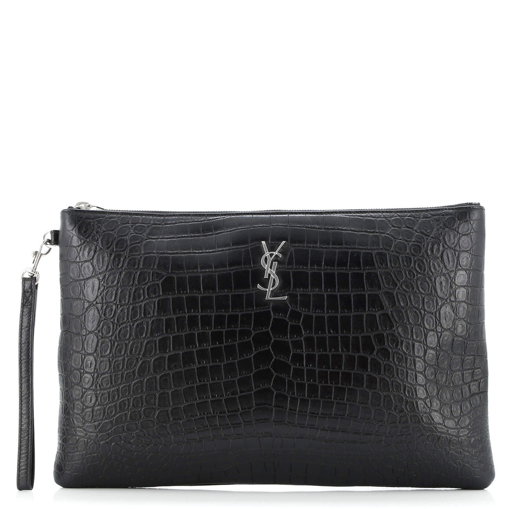 Classic Monogram Tablet Wristlet Pouch Crocodile Embossed Leather