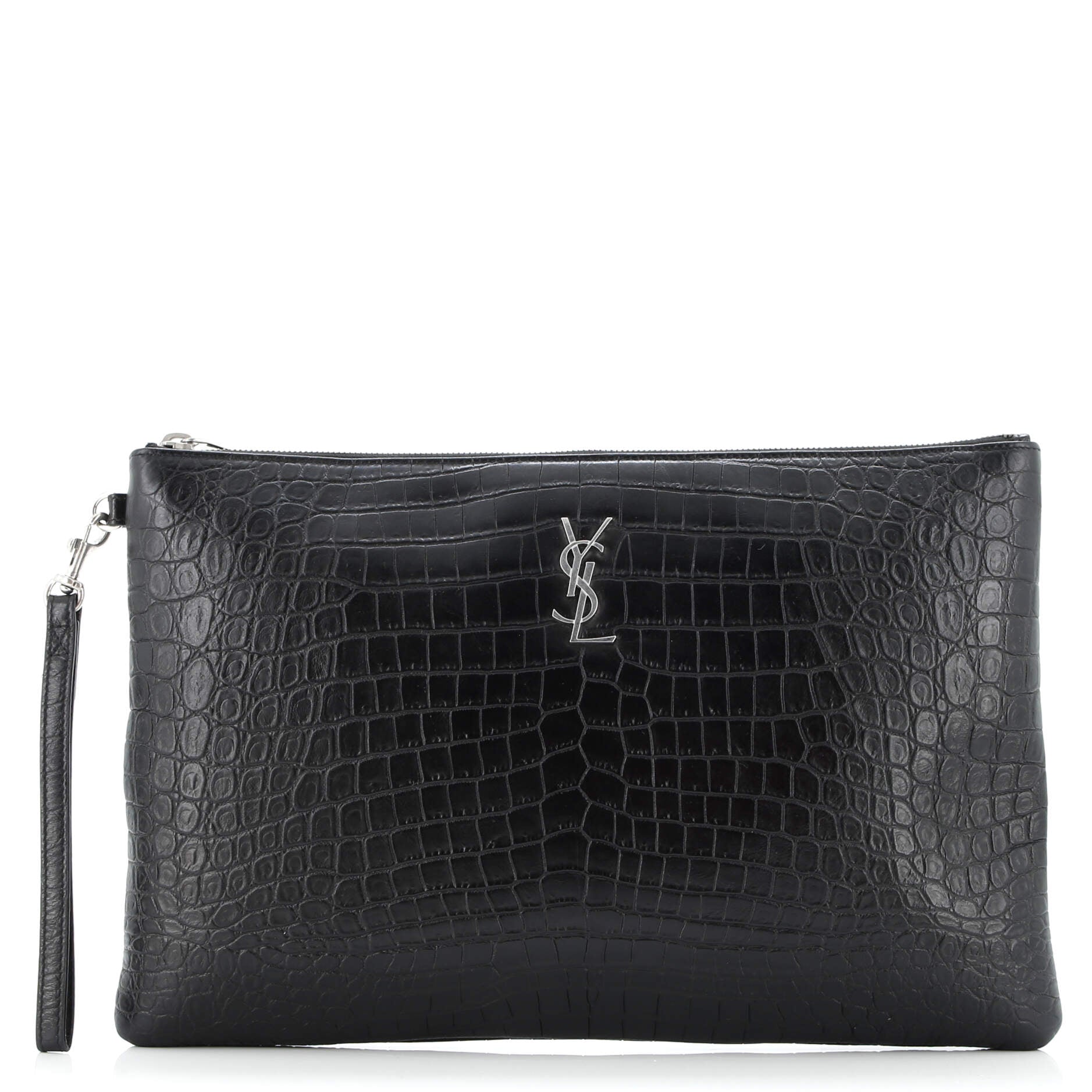 Classic Monogram Tablet Wristlet Pouch Crocodile Embossed Leather