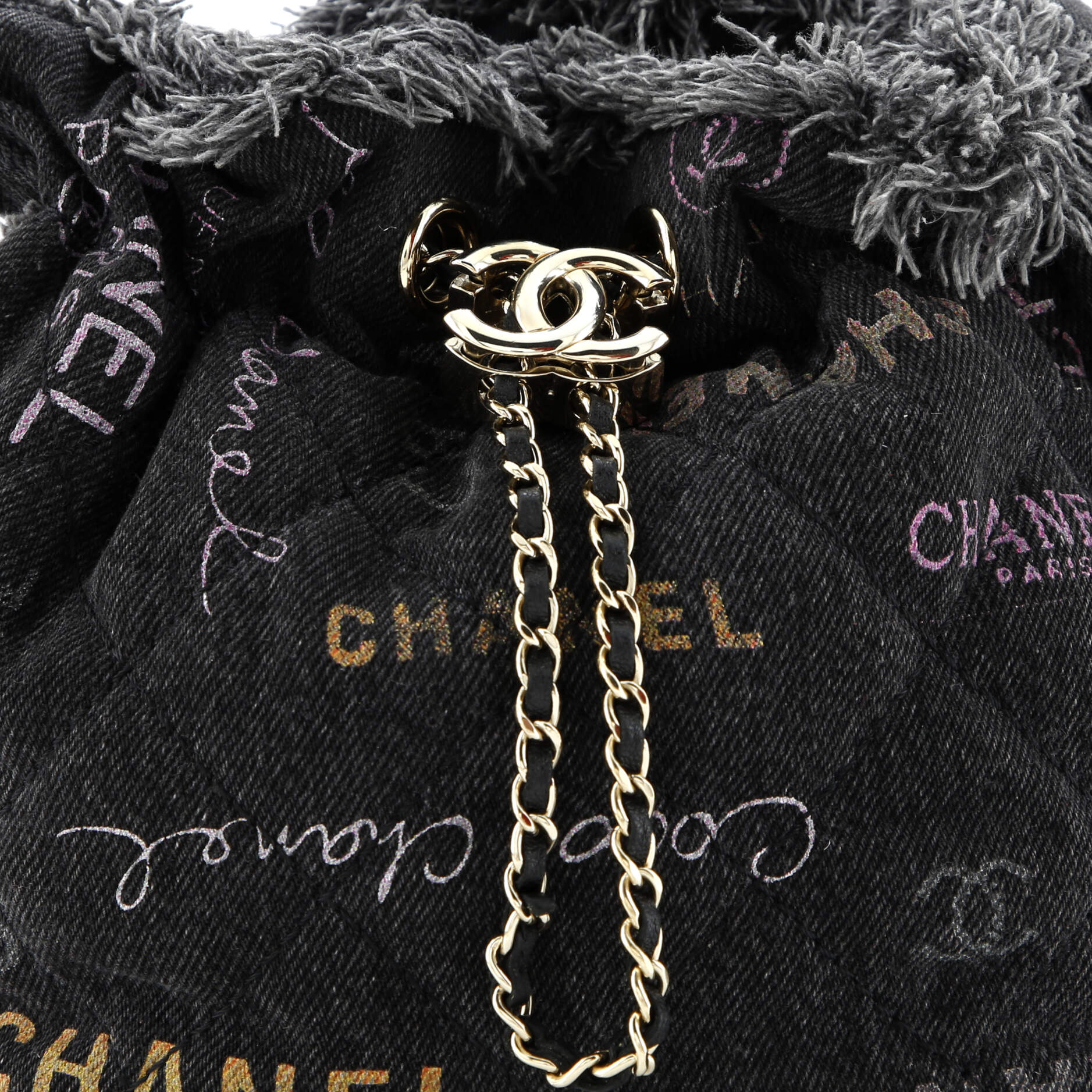 Denim Mood Chain Bucket Bag Logo Printed Quilted Fringe Denim Medium