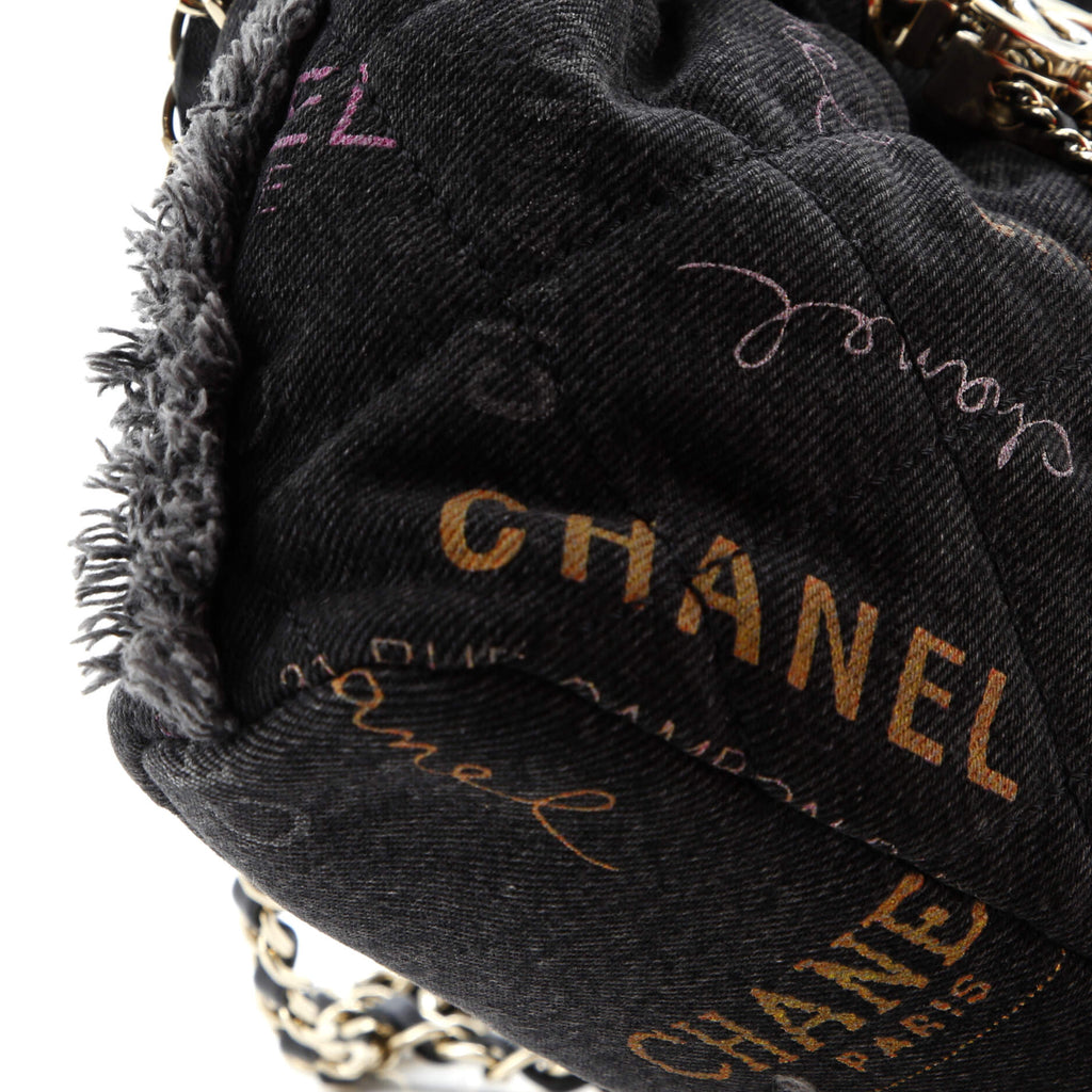 Denim Mood Chain Bucket Bag Logo Printed Quilted Fringe Denim Medium
